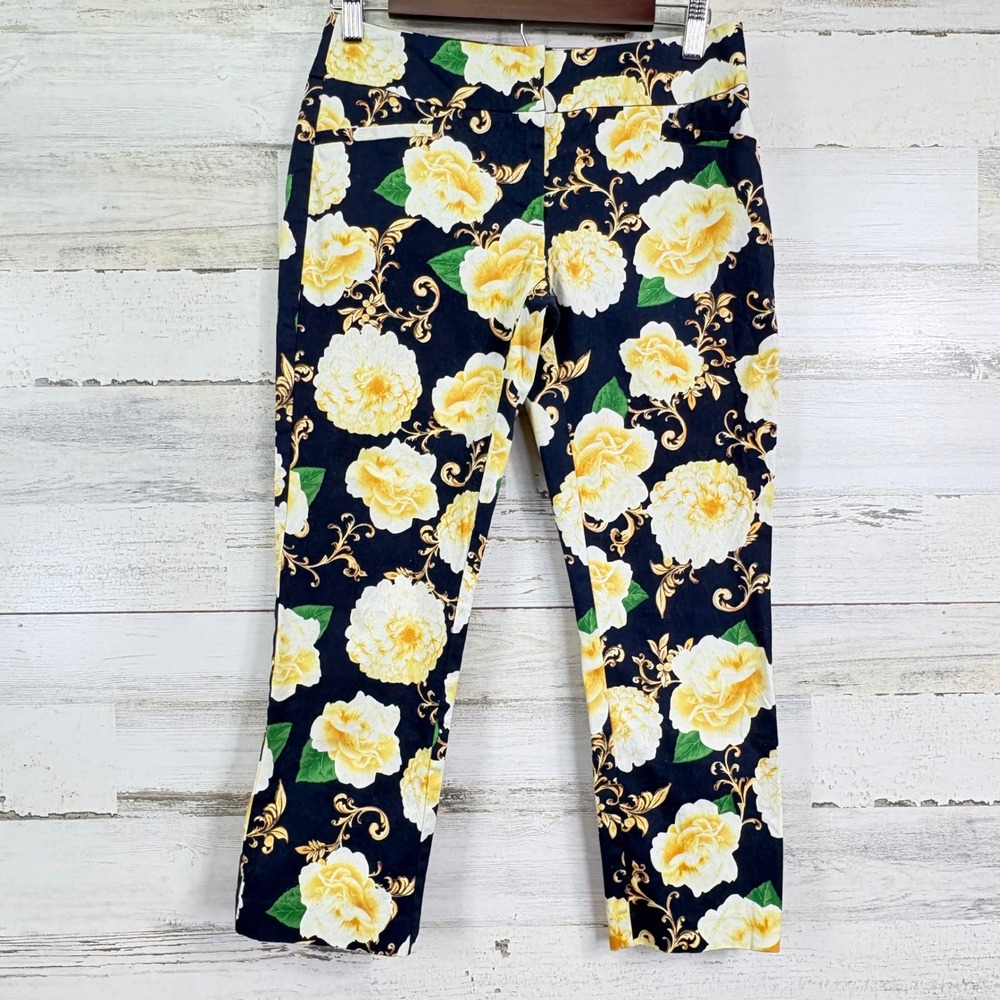 New York Company 7th Avenue Black Floral Gold Baroque Print Cropped Pants Size 0